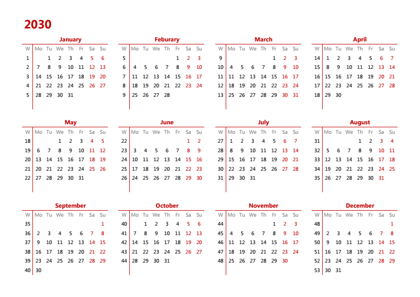 2030年日历 A4横向 英文版 无农历 有周数 周一开始